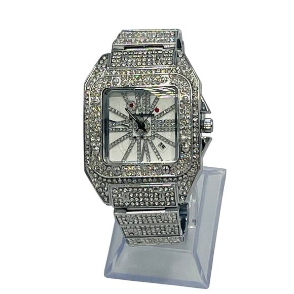 Men's Fully Iced Out Rhinestone Analog Watch with Day in Silver - Picture 1 of 8